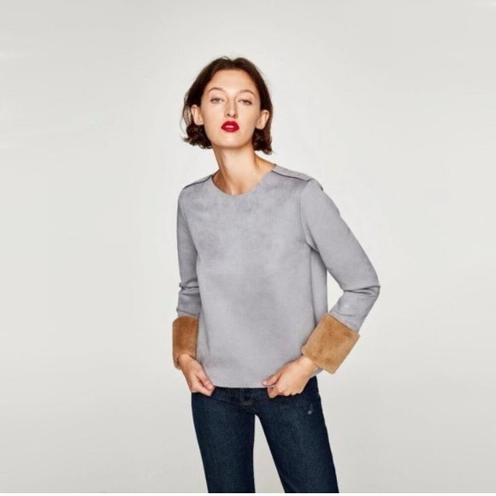 Zara Faux Suede Long Sleeve faux  Fur Cuff Sleeve